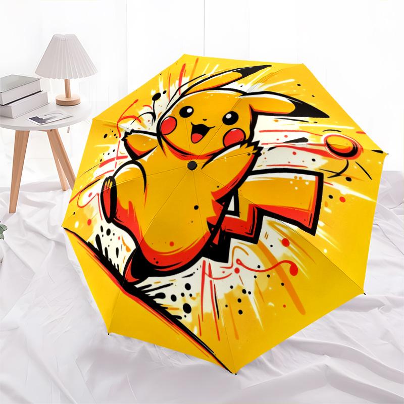 Happy Pikachu Pattern, Automatic Folding Umbrella, Portable and Foldable Design, 8 Ribs, a Christmas or Birthday Gift.
