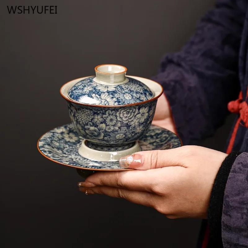Ru Kiln Blue and White Ceramics Three Talent Bowl Household Chinese style tea bowl Retro tea maker teacup 1pcs