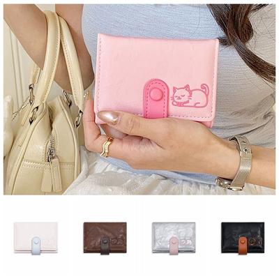 Versatile Portable Cat Printed Wallet Cute Multiple Card Short Leather Purse PU Leather Card Pouch Three Fold Wallet Daily