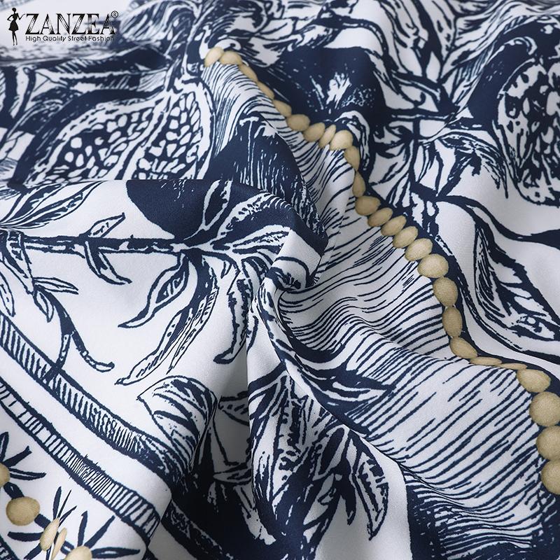 ZANZEA Damen Sommerkleider mit Rundhalsausschnitt und kurzen Ärmeln und bedruckter Taille