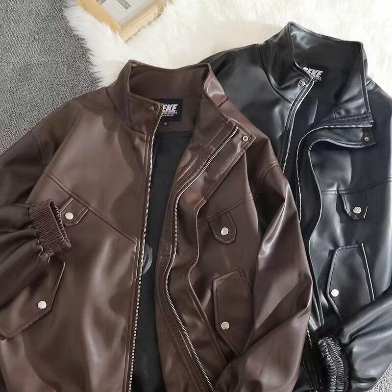 Men's High-End Retro PU Leather Motorcycle Jacket - Stand Collar, Spring/Autumn Fashion, PUNK Style.