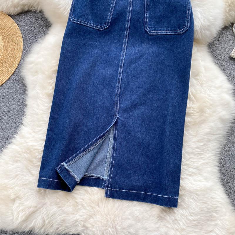 Denim Skirt Mid Length Women's Back Split Summer Korean High Waist Versatile A-Line Skirt Long Skirt