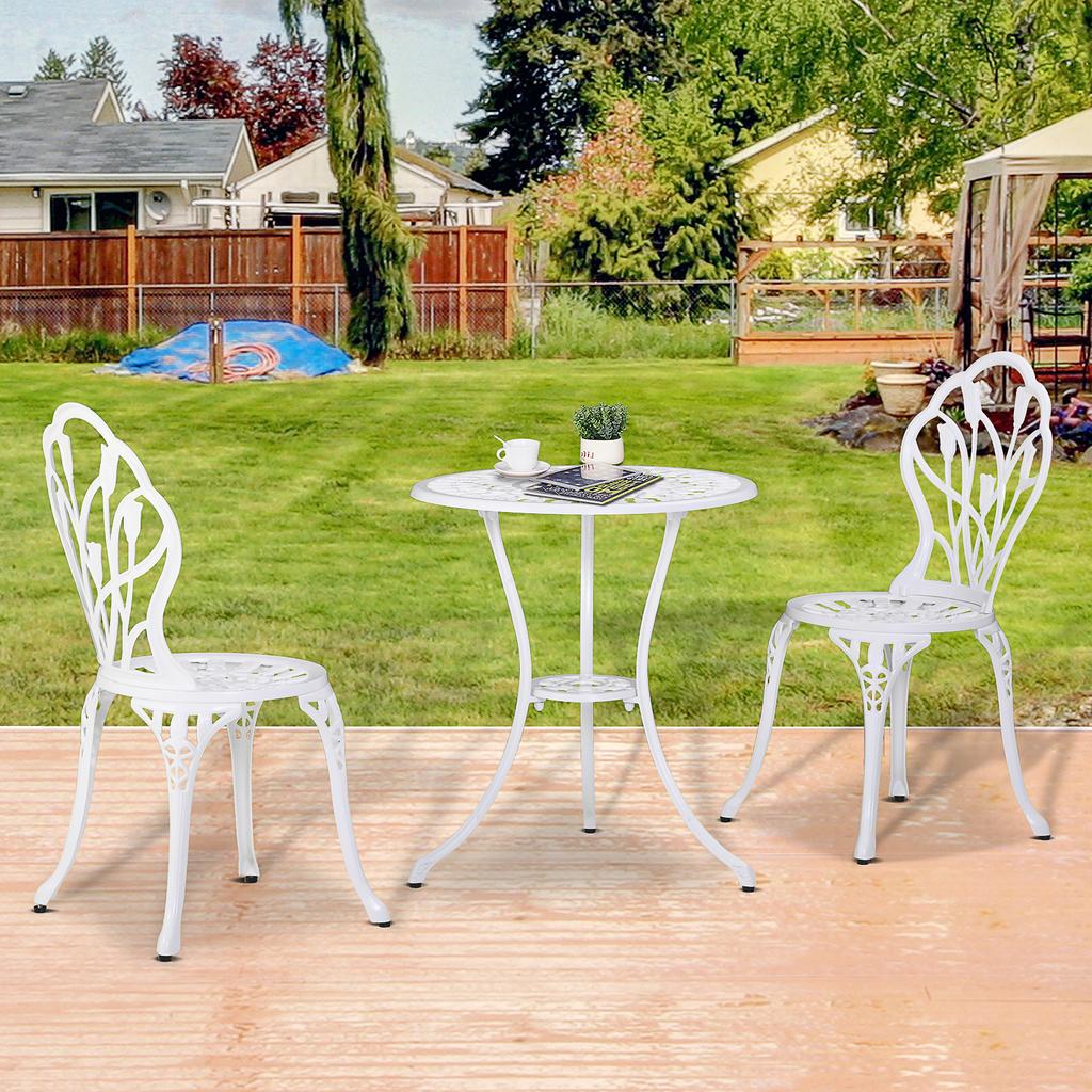 Set da Patio Bistro in 3 Pezzi per 2 Persone, Tavolo e Sedie da Giardino in Alluminio da Esterno con Foro per Ombrellone per Balcone, Bianco