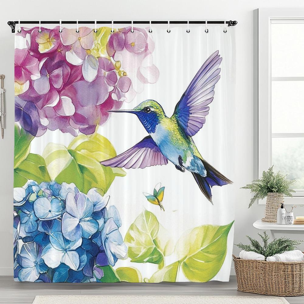 1pc Flowers Hummingbird Shower Curtain: Embrace the Artistic Design, Floral Bathroom Decorative Curtain, Home Curtain with Hooks