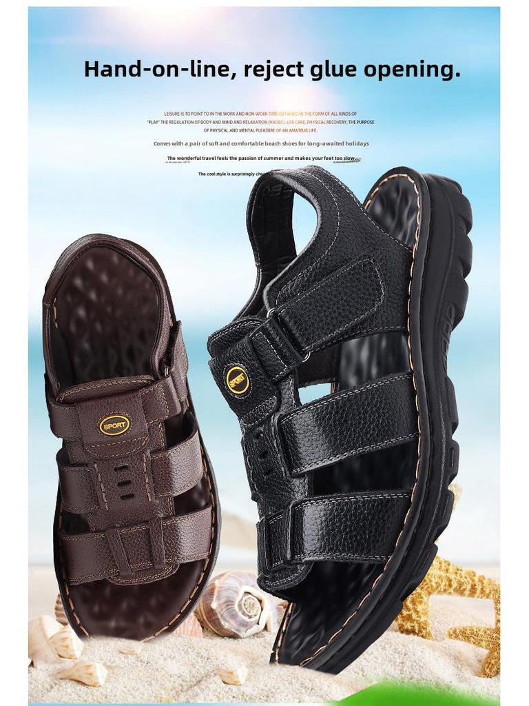 Men's Genuine Leather Non-Slip Beach Sandals - Casual, Breathable, Versatile Summer Shoes for Middle-Aged and Elderly.