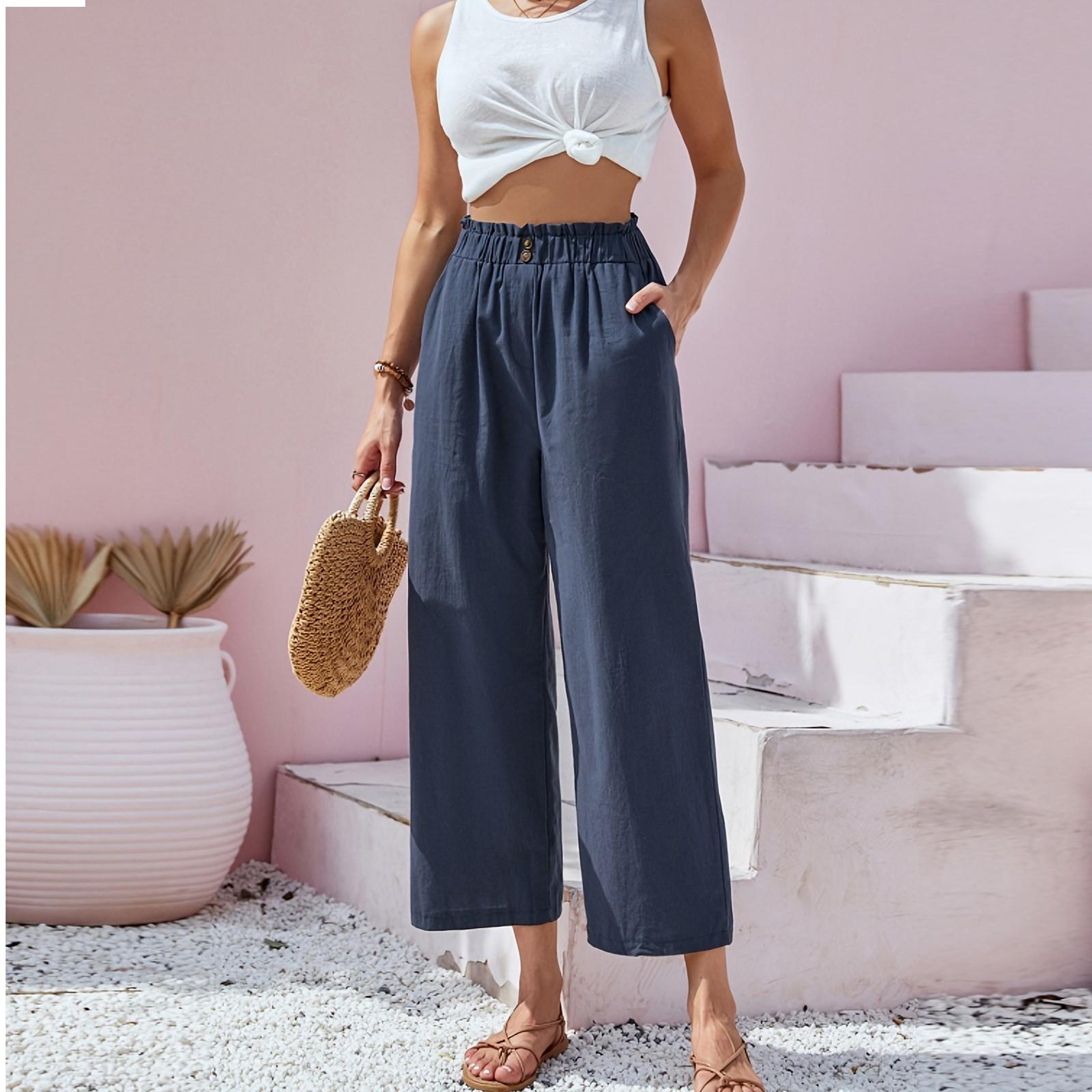 

High-waisted Leaf TTght-waisted Cotton And Linen Casual Nine-quarter Pants S Темно-синій
