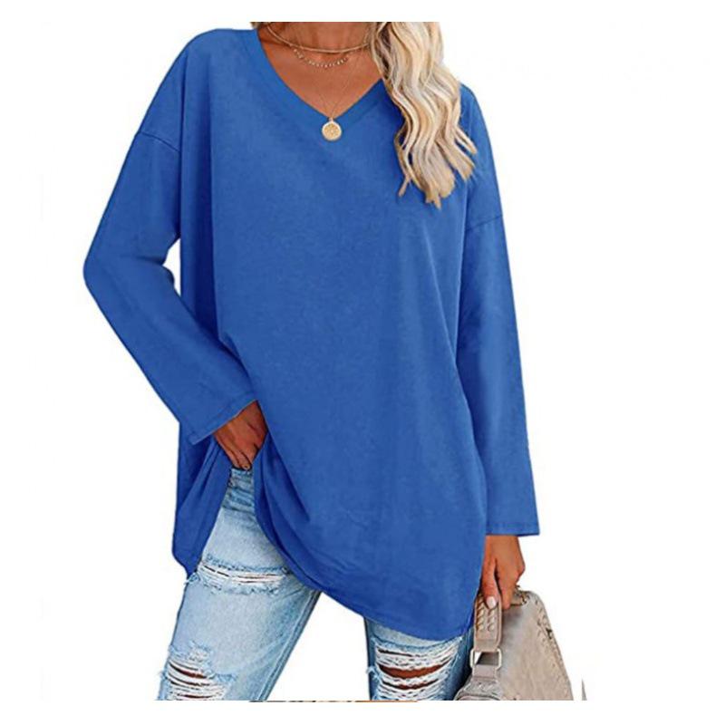 Europejski i Amerykański Oversizowy Damski T-Shirt z Dekoltem w Serek, Wielokolorowy, Luźny Krój, Rękawy z Obniżoną Linią Ramion, Jednolity Kolor