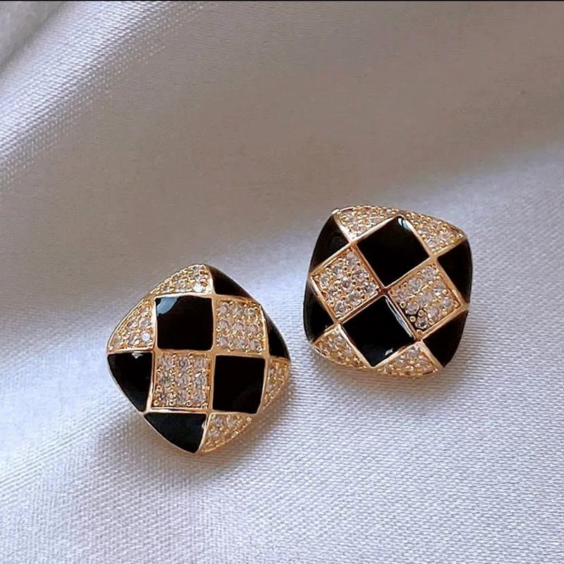 Elegant Gold-Plated Black Zircon Stud Earrings - Niche Design for a Luxurious Fashion Statement