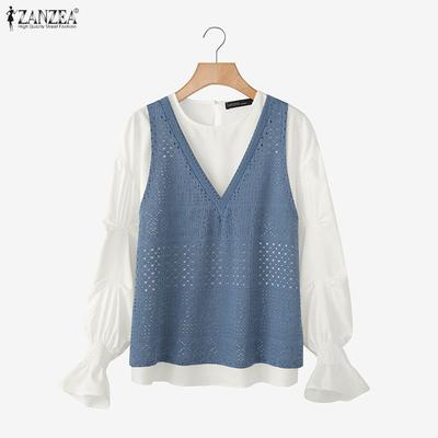 Women Casual Round Neck Long Sleeve Loose Patchwork Blouse