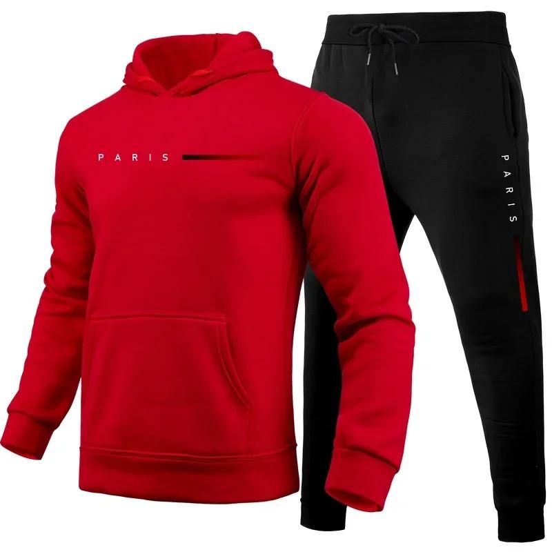 Parisline Men Hoodie & Jogger Set, City Name with Red Gradient Horizontal Bar Chest Print, Thick Fleece Sport Two Piece Outfit for Casual Daily Trips