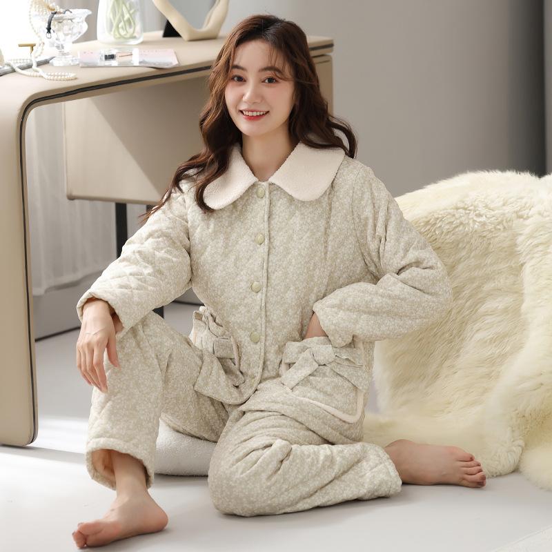 Casaco de algodão puro tecido pijamas para mulheres no inverno, três camadas espessadas algodão xadrez roupas quentes para casa, conjunto de inverno