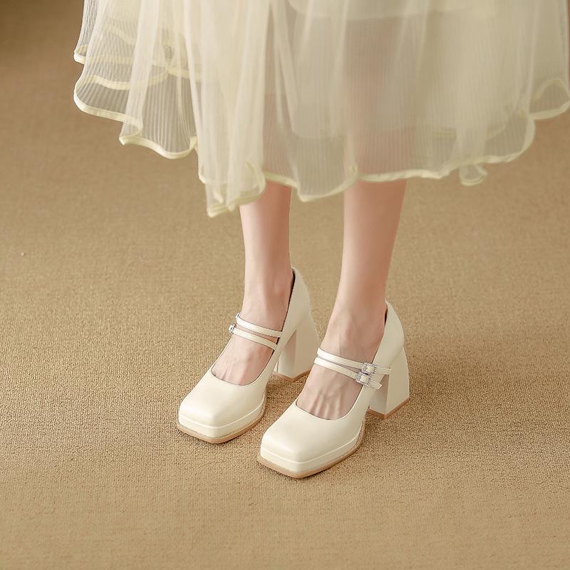 Sheepskin version~ High heels women's thick heels are not tired of high-end feeling, foot single shoes women's waterproof table, super high heels wom