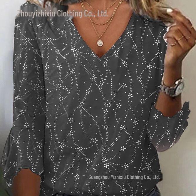 European and American Style V-Neck Knit Top with 3D Plant Pattern and Trumpet Sleeves