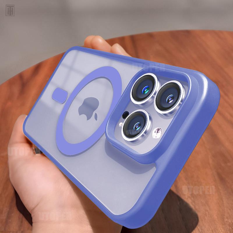 New Matte Border Transparent Antiskid Case for iPhone 16 15 14 13 12 11 Pro Max Plus Strong Magnetic Magsafe Hard Protect Cover