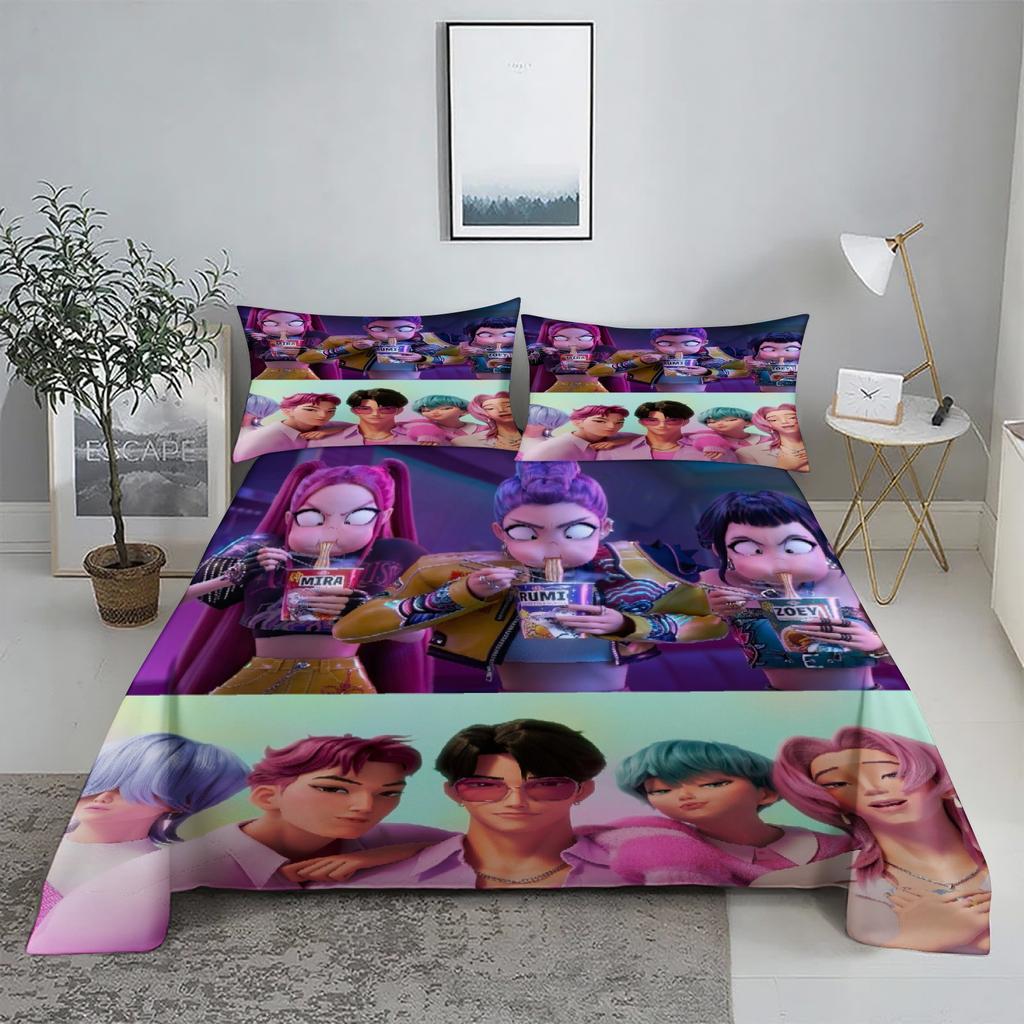 RUMI D-Demon Hunters K-pop Bed Sheet Set 3D Printed Bed Flat Sheet With Pillowcase Bed Linen King Queen Size