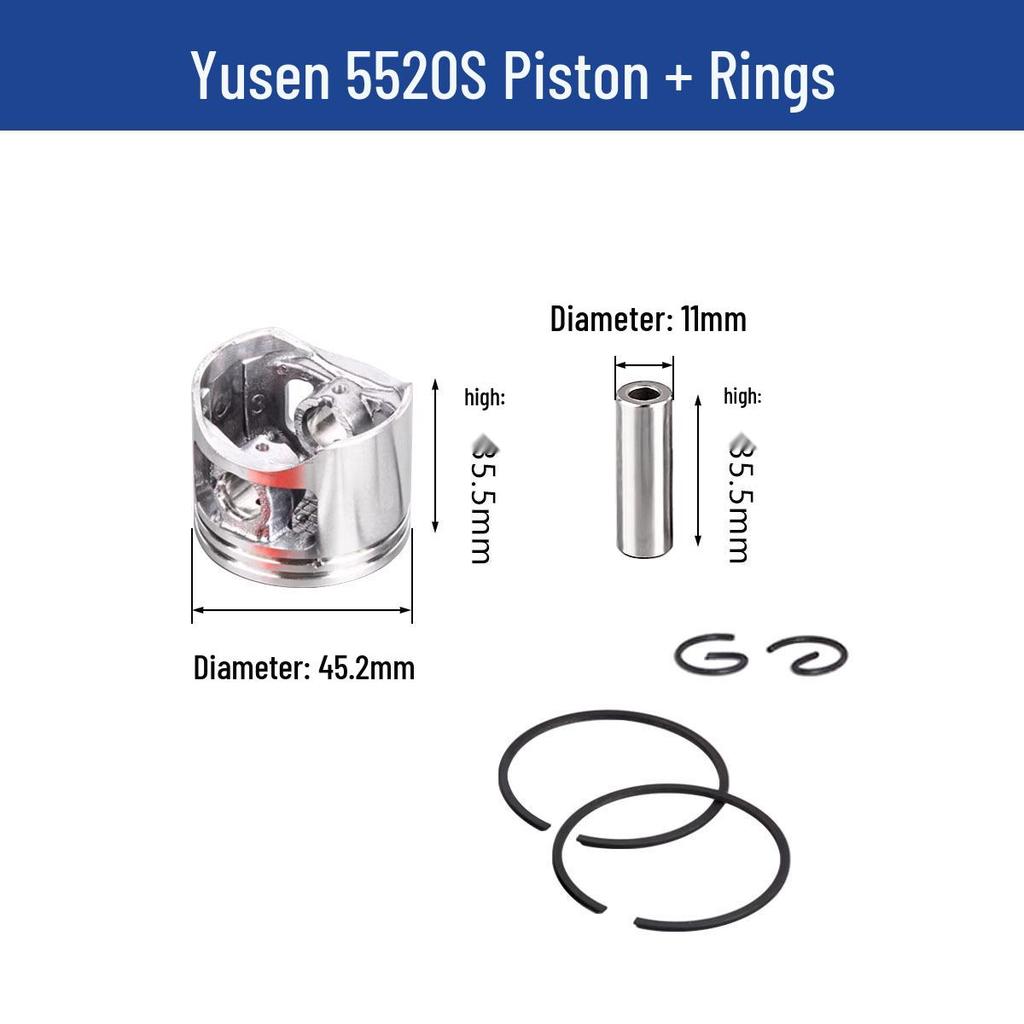Yusen Chainsaw 5520 Parts: Cylinder, Carburetor, Clutch, Drive Disc, Pull Starter, Ignition Coil, Air Filter.