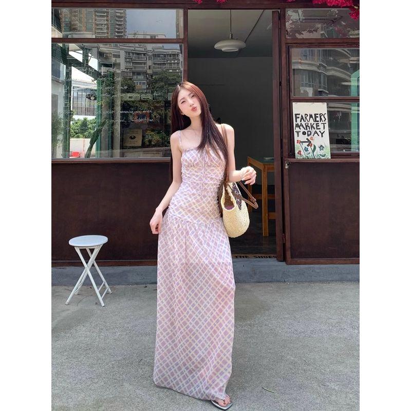 Kumikumi Gyaru Style Pattern Pleat Sling Dress Women Summer Niche Chic Waist Hugging A- Line Skirt Long Dress
