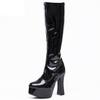 Fashion FHC Women Retro GoGo Knee High Boots,Unisex Stage Cosplay Shoes,Man Fetish Botas,12cm Chunky Heel,Side Zip,Black,Red,Pink,White