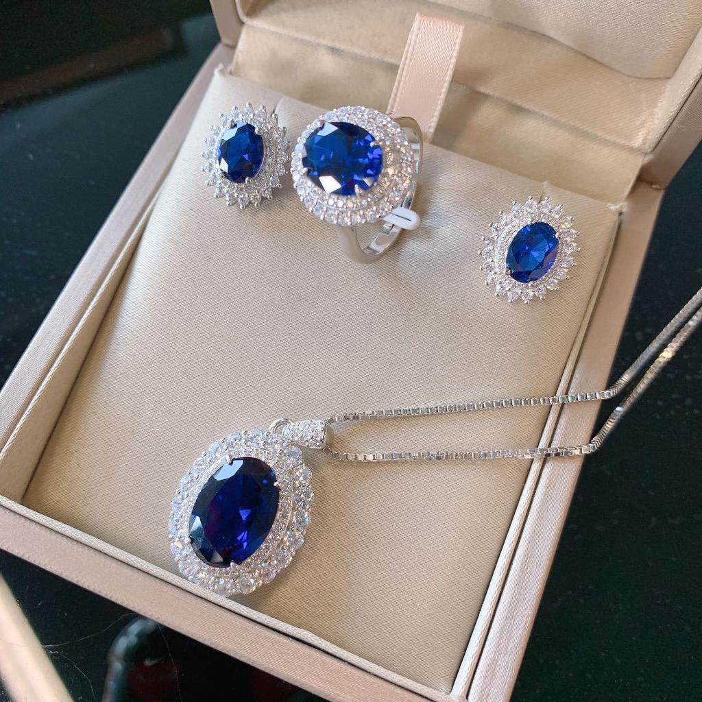 Classic Sapphire Jewelry Sets Ring Necklace Earrings For Women Dark Blue Oval Necklace Tanzanite Retro Exquisite Luxury Gift