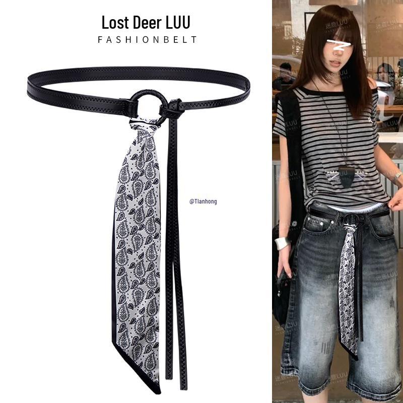 Red Silk Scarf Belt: Women's Retro Accessory for Jeans or Skirt with Double Belt Design.