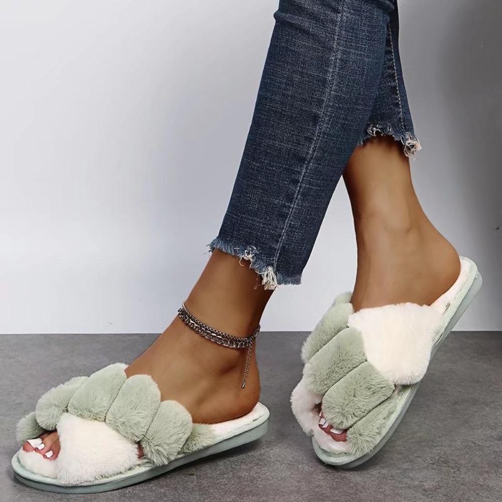 Fashion Hot Sale Cross Straps Double Straps Plush Slippers Sexy Leopard Soft Sole Floor Shoes Home Non-slip Warm Lightweight Flip Flops