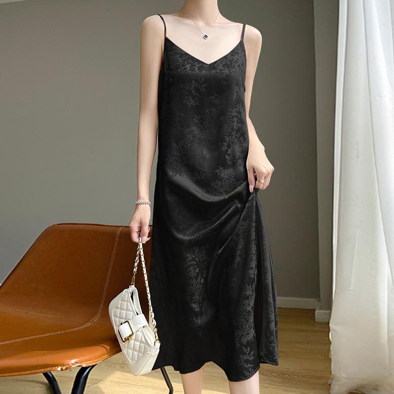 New Summer Acetate Satin Suspender Dress for Women V-neck Solid Color Printed Temperament Slim Base Sexy Long Skirt