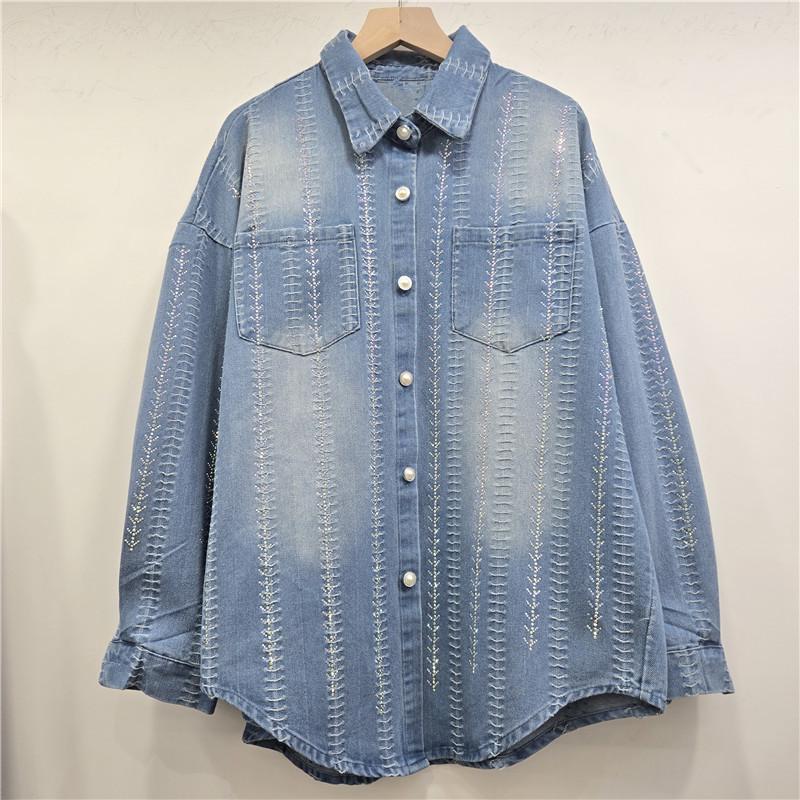 

2026 Spring Women s Rhinestone Striped Long-Sleeve Denim Shirt Jacket, Loose Casual Mid-Length Top One size синій
