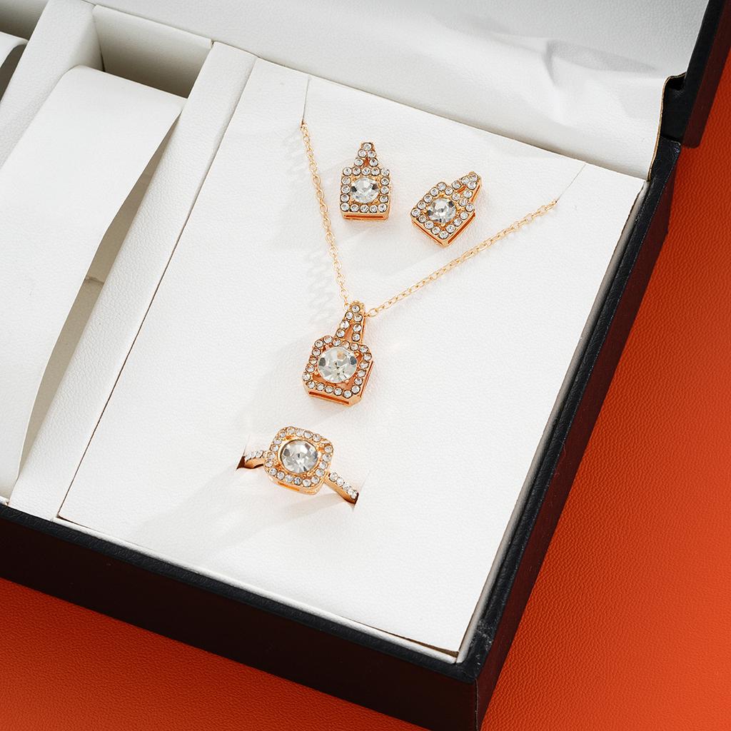 Luxury Square Zircon Crystal Gold Color Earrings Necklace Ring for Women Princess Bride Wedding Banquet Jewelry Set Gift
