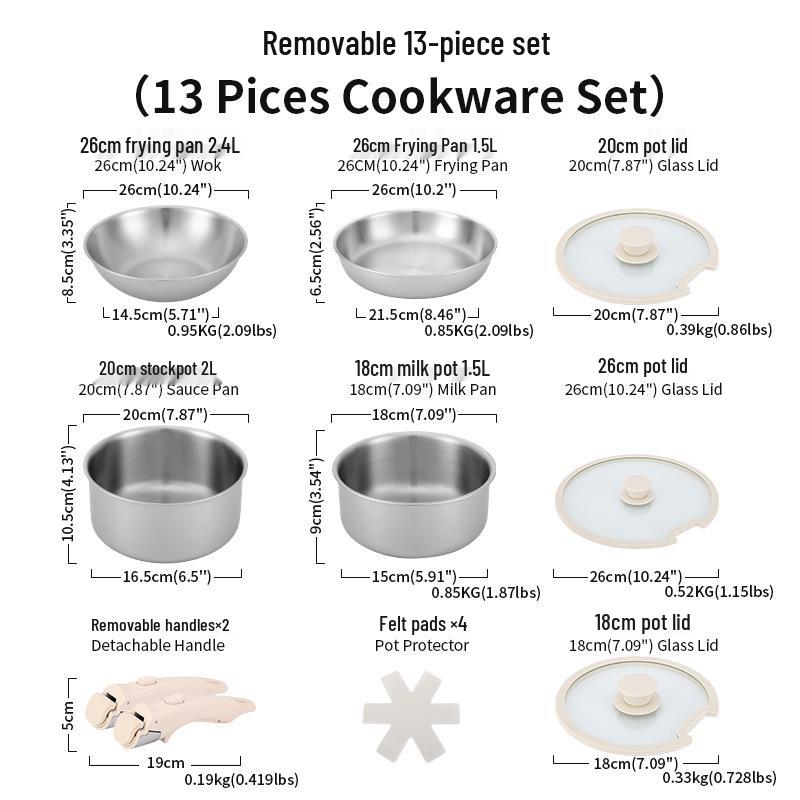 304 Stainless Steel Cookware Set: Non-Stick Maifan Stone Wok, Flat Frying Pan & Stockpot with Removable Handle