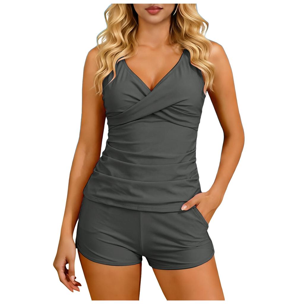 Women's Two-Piece Swimsuit Slim Fit V Neck Camisole Shorts Set Solid Color Tankini Beach Vacation Swimwear Sexy Outfit Bikinis