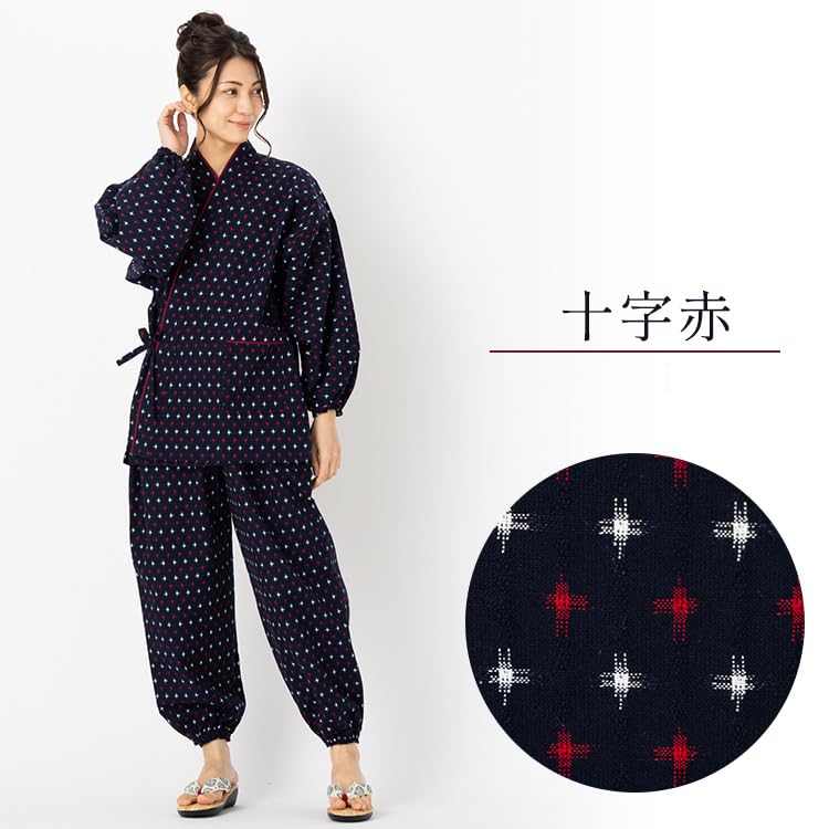 Watanosato Work Clothes for Kurume Dobby Hail Top and Bottom Japanese-made Women, Stylish, Weave, Women's, Weave, Pattern, Set, 5322-2 (cross Red, M)