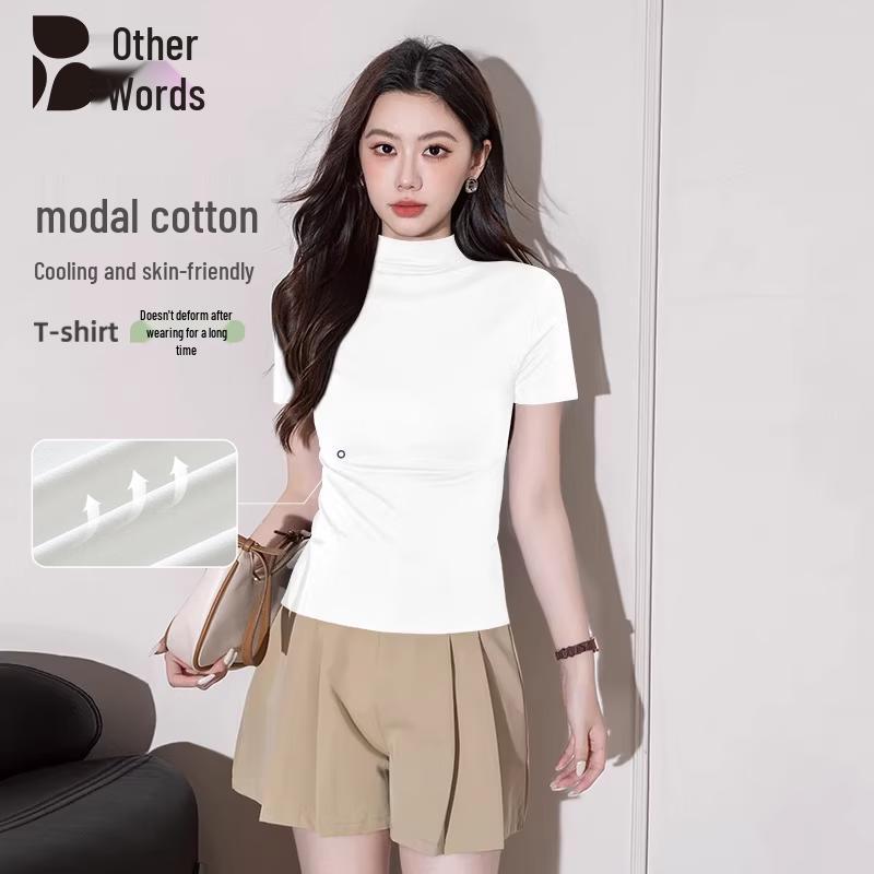 

Women s Slim Fit Half-High Neck Ice Silk Short Sleeve T-Shirt L