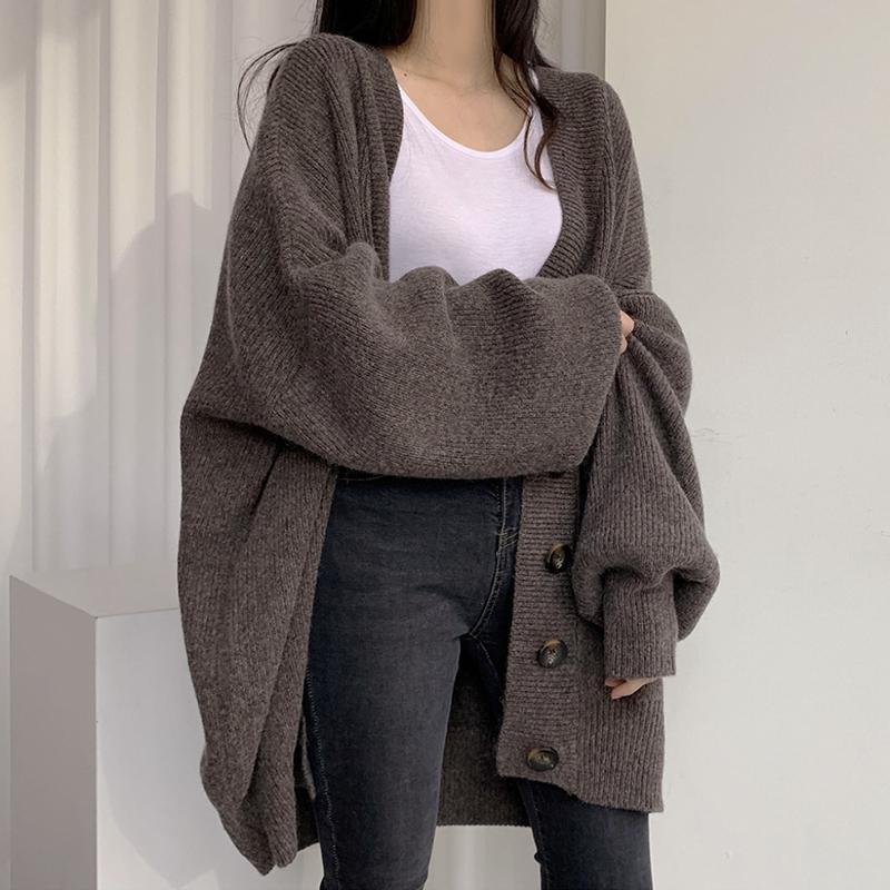 Plus Size Women Sweater Autumn Winter Loose Knitting Korean Lantern Sleeve Cardigan Single Breasted Oversized Sweaters