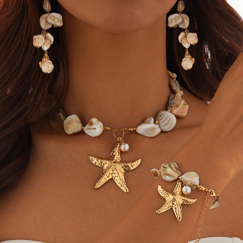 Ocean Inspired Starfish And Shell Pendant Necklace/Bracelet/Earrings With Pearlescents Accent For Beachwears