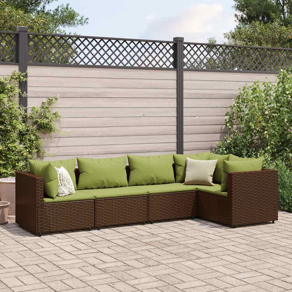 5 Piece Garden Lounge Set with Cushions Brown Poly Rattan