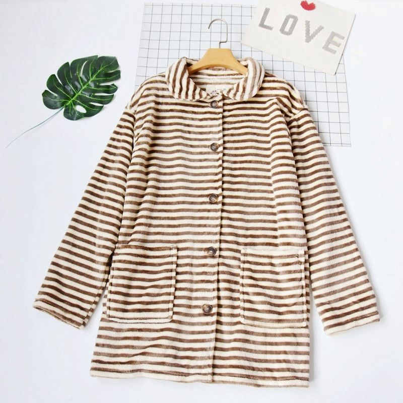 

Export Japanese Single Striped Lapel Cardigan Women s Pajamas Khakis Stripes One size(Bust size 116cm)