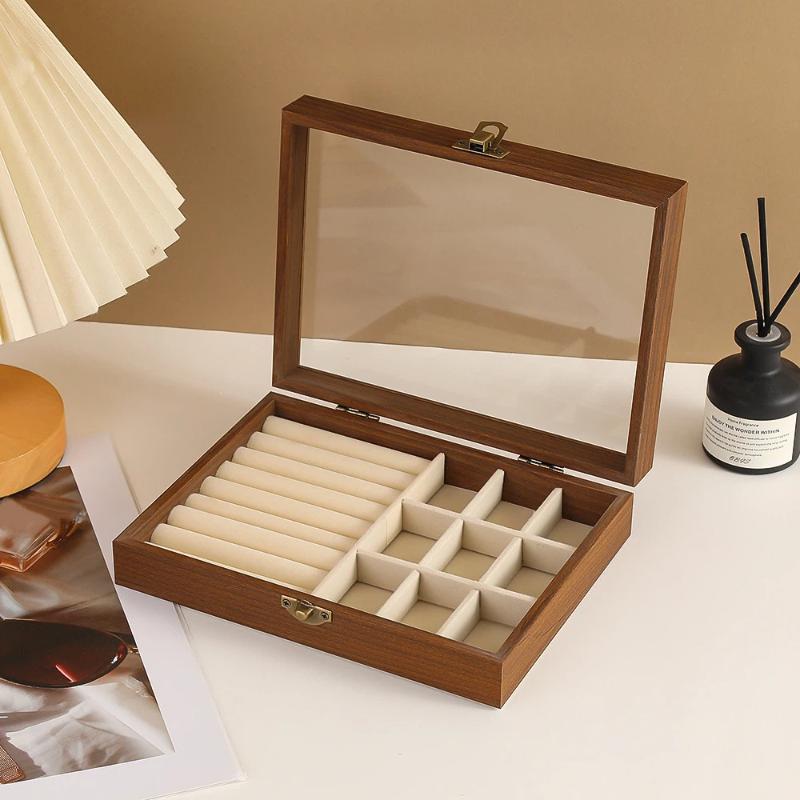 Vintage Jewelry Wood Storage Box Velvet Glass Lid Jewelry Organizer Case Dust-Proof Bracelet Ring Earring Display Holder