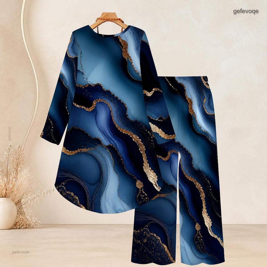 Women Plus Size Round Neck Long Sleeve Green Printed High Low Top Wide Leg Pants Two Piece Set