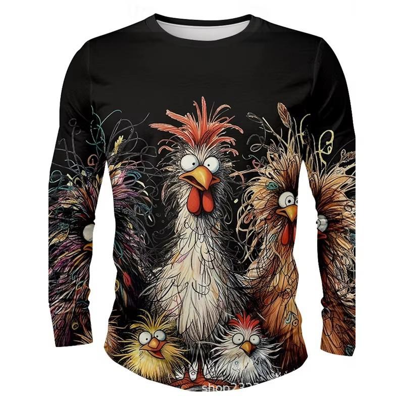 Mens Long Sleeve T Shirt Cartoon Animal Print Casual Loose Fit Round Neck Tee Teens