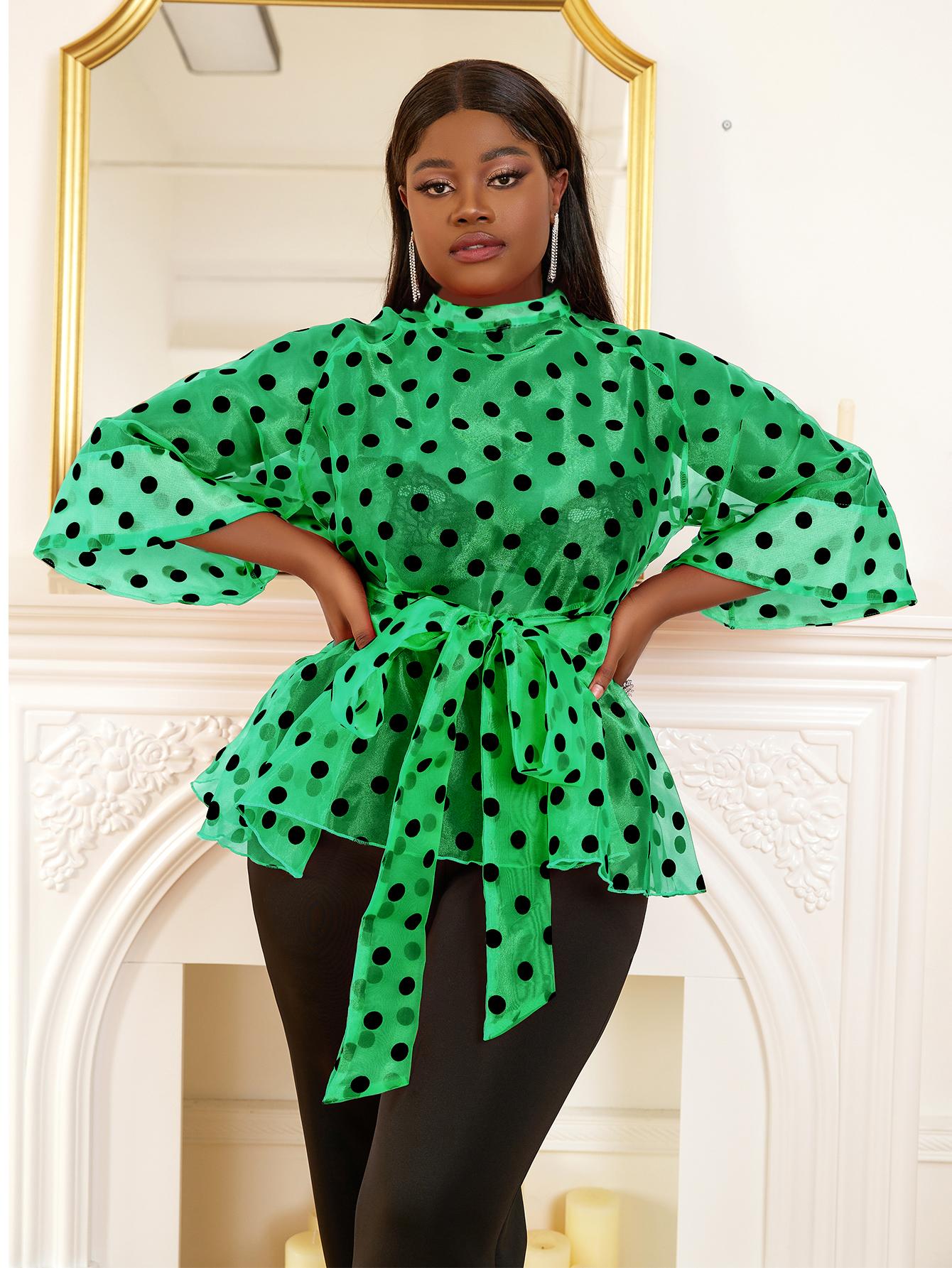 

Оранжевые прозрачные топы из органзы в горошек, пуловеры с расклешенными рукавами, прозрачные блузки для женщин, блузки больших размеров M зелёный