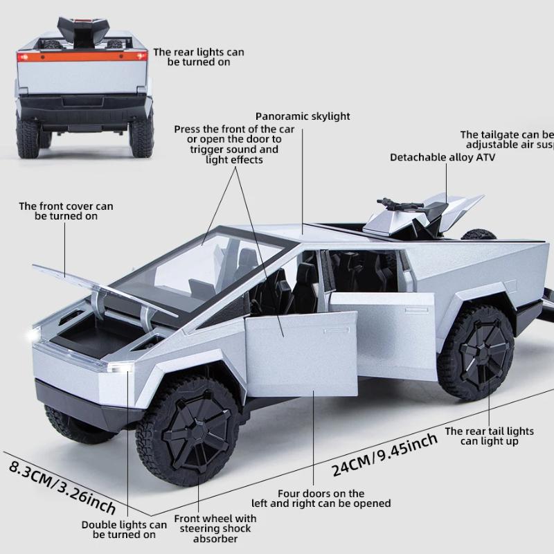 1:24 Legeringsmodell Sølv Pickup Lastebil Støpt Metall Leketøybil Off-Road Motorsykkel med Lyd og Lys Firehjuls Støtdemper Leketøy for Barn Guttegave