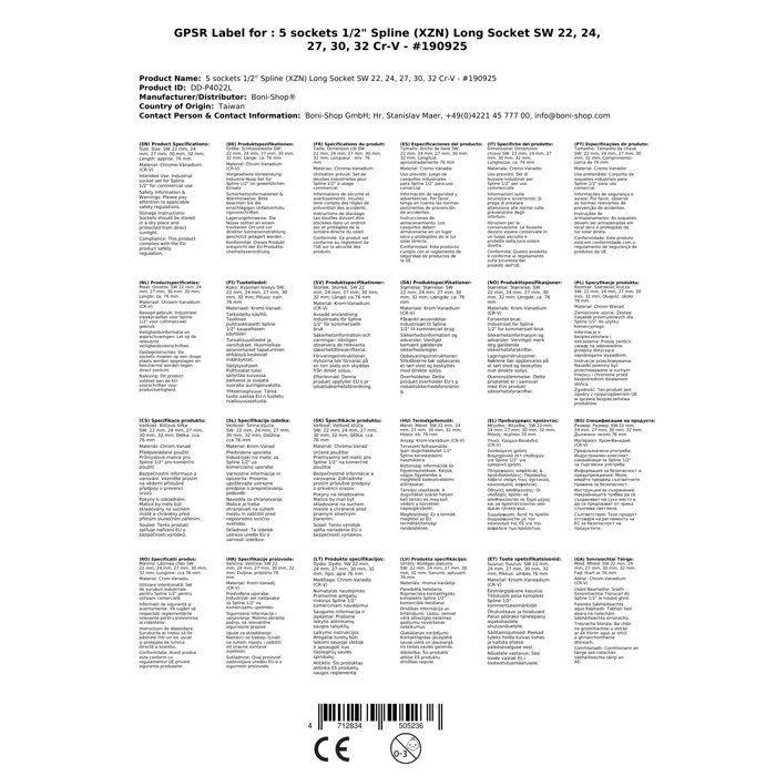 Douille 1/2 pouce, Douille Spline CrV 22mm Longue