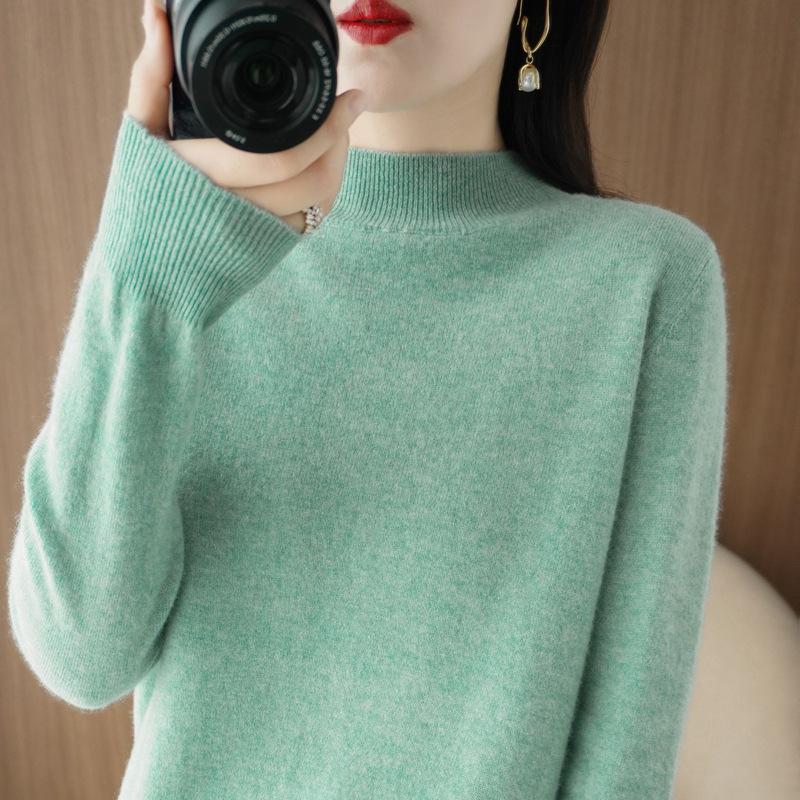 Autumn Winter Sweater Women's Korean Slim Pullover Sweater Half High Neck Knitted Sweater Short Style Solid Color Base Sweater Casual Sweater