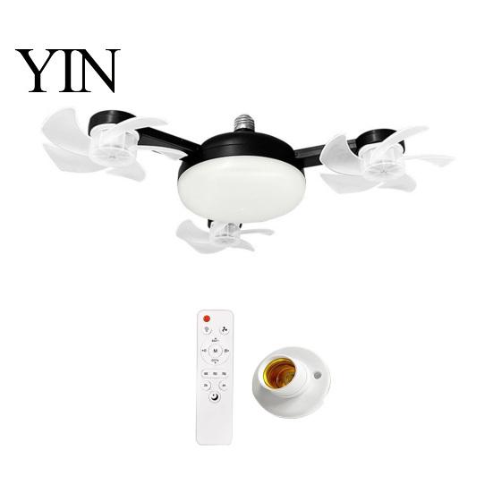 E27 Socket Fan 3/4/5 Blade Ceiling with Light & Remote Control, 2-in-1 Silent LED Drone Compact Ventilation Lamp Foldable Blades, 3-Speed Dimmable for
