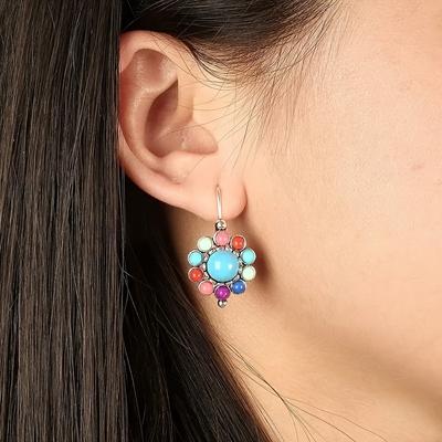 Colorful Flower Earrings Dangle Retro Female Earrings Boho Style Turquoise Inlaid Delicate 1Pair Vintage Jewelry Accessories