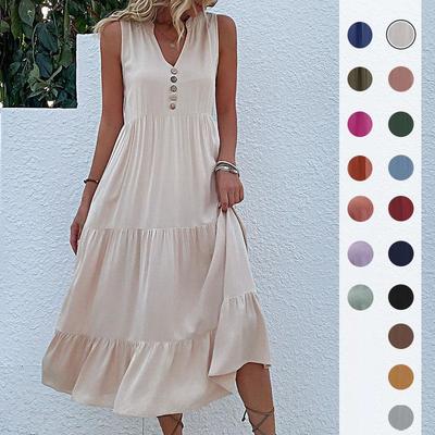 European & American V-neck Sleeveless Casual Long Dress for Women
