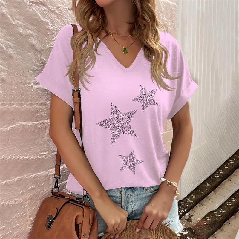 Fashion V-neck Women's T-Shirts Funny Five-Pointed Star Printed T Shirt For Women Summer Hot Sale Short Sleeve Casual Loose Tops