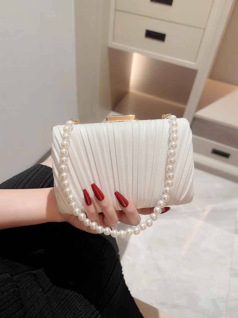 Ladies casual Pleated Design Satin Box Dinner Bag Faux Pearl Handbag Romantic Wedding Bag Bridal Bag Banquet Bag Evening Bag Prom Bag Chain Bag