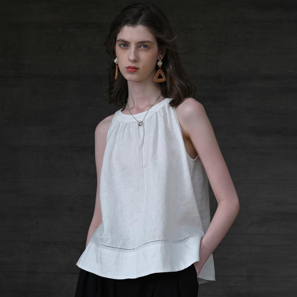 Pure Linen Neck Top Summer Design Round Neck Sleeveless Vest French Temperament Commuter A-pendulum Halter Top