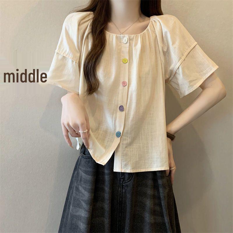

Plus Size Women s Square Neck Short Sleeve Summer Top 2025 - Loose, Slimming, Versatile Casual Fashion Design 2XL абрикосовый